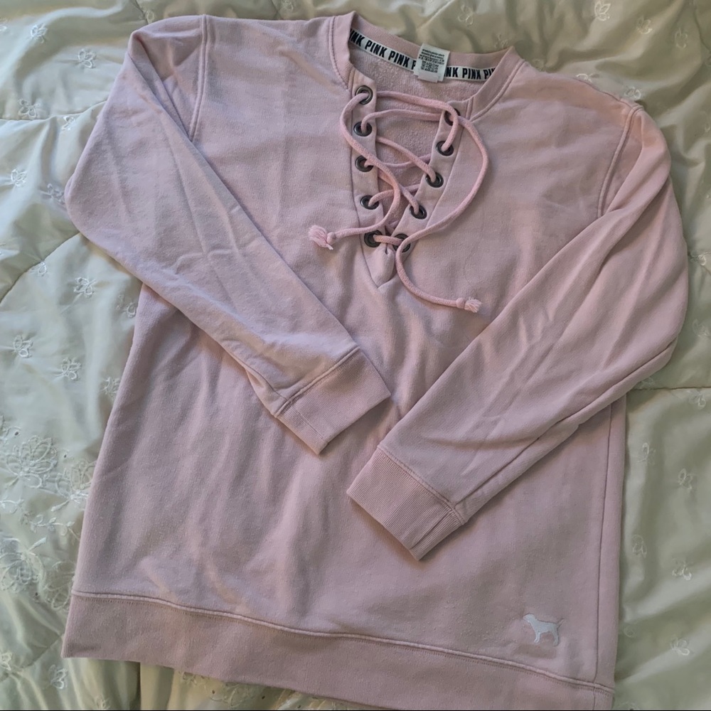 PINK lace up sweater (XS)